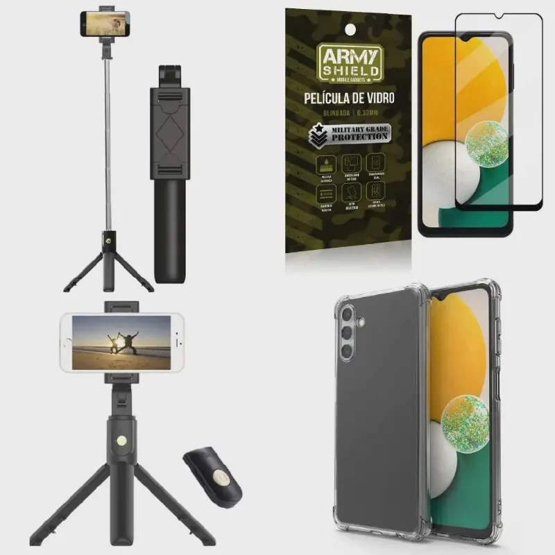 Kit Capa Samsung A13 5G + Mini Tripé Selfie Bluetooth + Película 3D Armyshield
