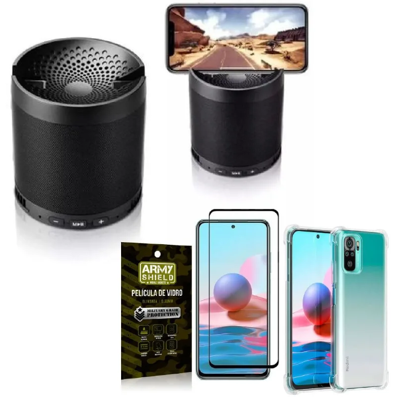 Kit Redmi Note 10 Som Bluetooth Potente Q3 + Capinha + Película 3D - Armyshield