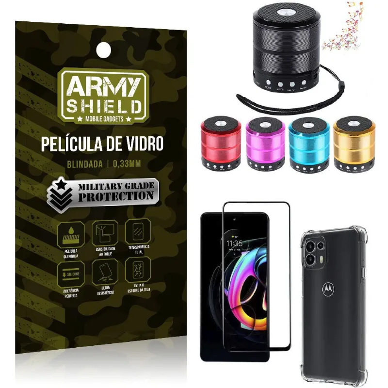 Kit Moto Edge 20 Lite Mini Som Bluetooth + Capa Anti Impacto + Película Vidro 3D - Armyshield