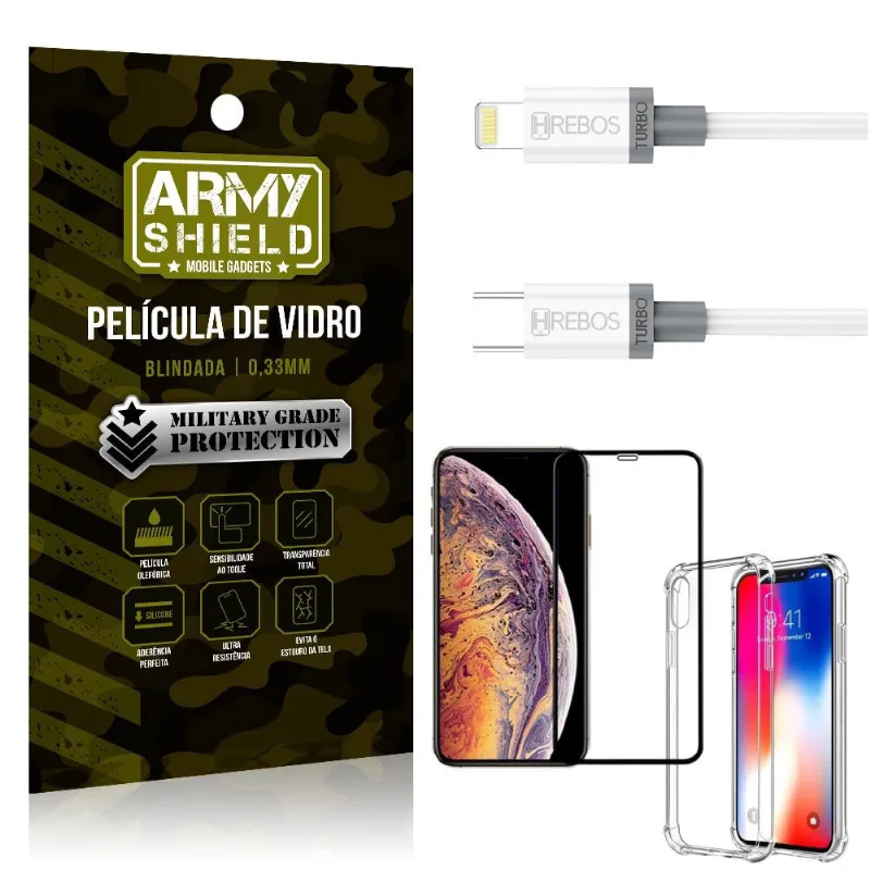 Kit iPhone xs 5.8 Cabo Tipo C Lightning HS130 + Capinha + Película 3D - Armyshield