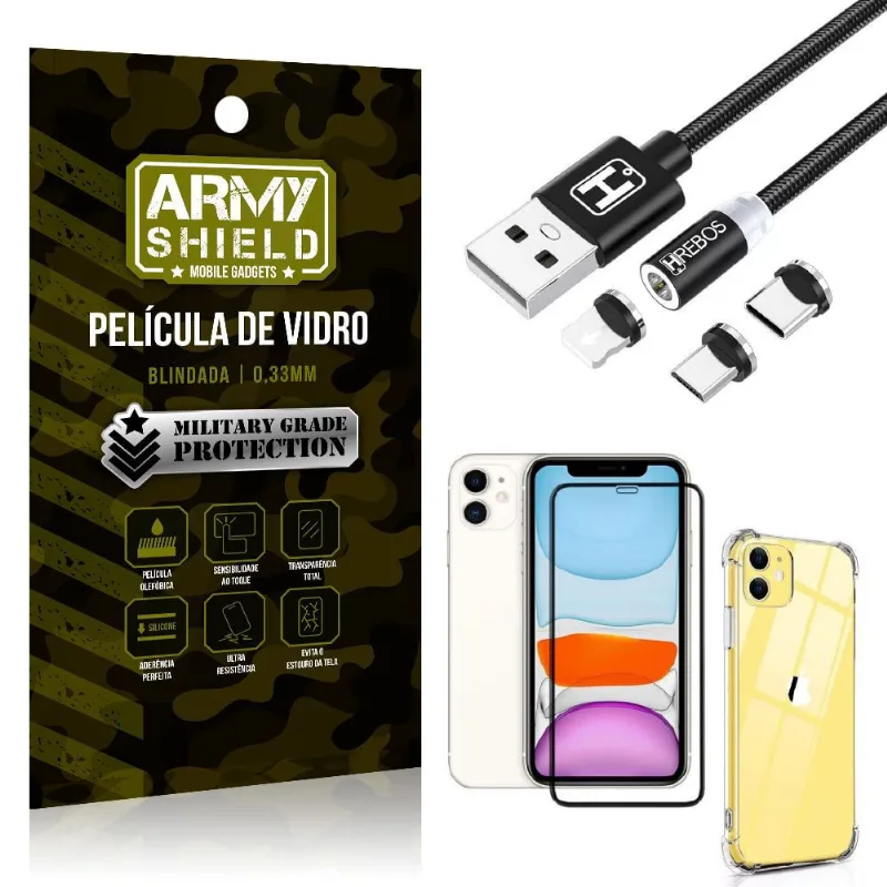 Kit iPhone 11 6.1 Cabo Magnético 2 Metros + Capinha + Película 3D - Armyshield
