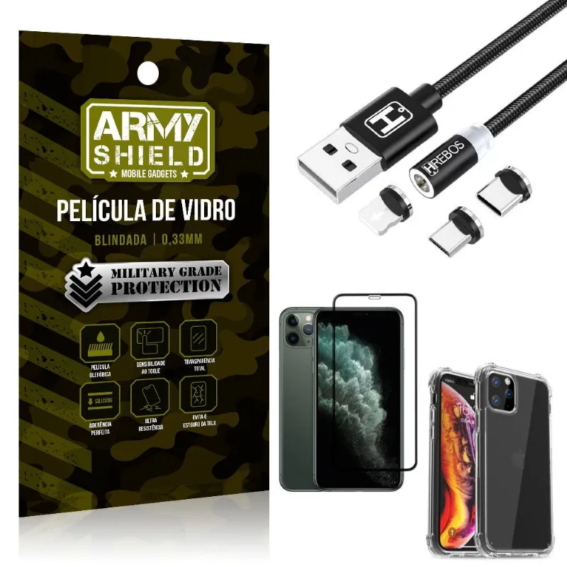 Kit iPhone 11 Pro 5.8 Cabo Magnético 2 Metros + Capinha + Película 3D - Armyshield