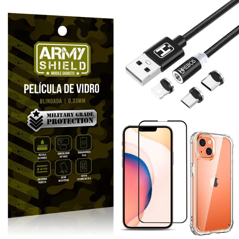 Kit iPhone 13 6.1 Cabo Magnético 2 Metros + Capinha + Película 3D - Armyshield