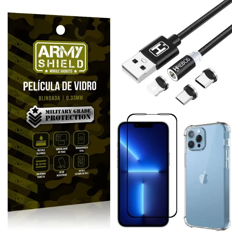 Kit iPhone 13 Pro 6.1 Cabo Magnético 2 Metros + Capinha + Película 3D - Armyshield