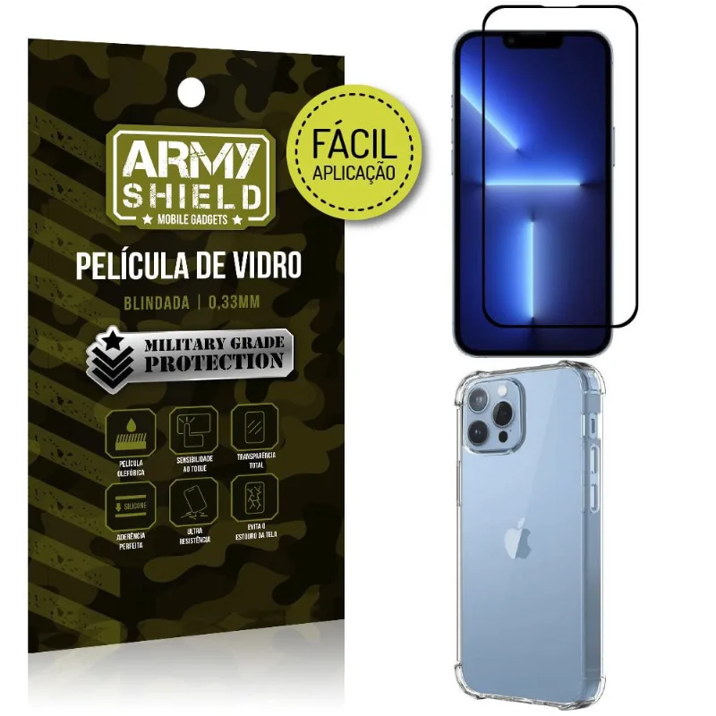 Kit iPhone 13 Pro 6.1 Película 3D Fácil Aplicação + Capa Anti Impacto - Armyshield