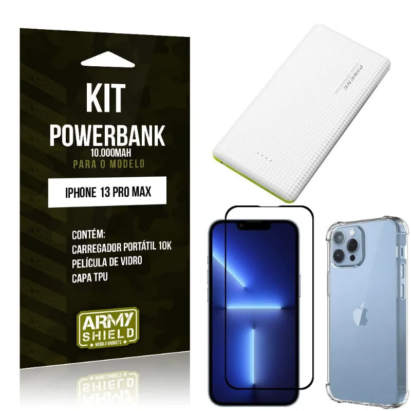 Kit iPhone 13 Pro Max 6.7 Carregador Portátil 10K + Capa Anti Impacto + Película Vidro 3D -Armyshield