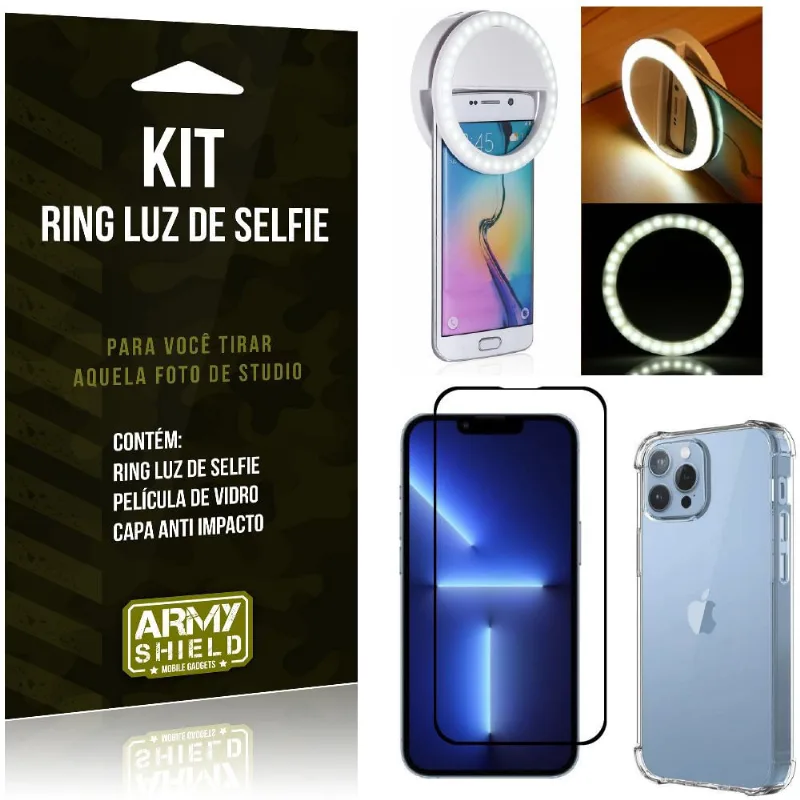 Kit iPhone 13 Pro Max 6.7 Flash Ring + Capa Anti Impacto + Película de Vidro 3D - Armyshield