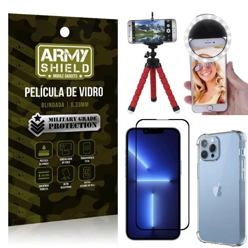 Kit iPhone 13 Pro Max 6.7 Tripé Flex + Flash Ring + Capa Anti Impacto + Película 3D - Armyshield