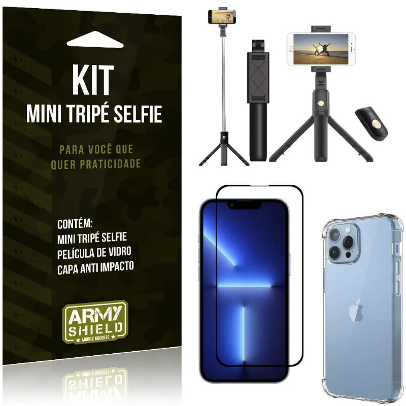 Kit iPhone 13 Pro Max 6.7 Mini Tripé Selfie Bluetooth para + Capa Anti Impacto + Película 3D - Armyshield