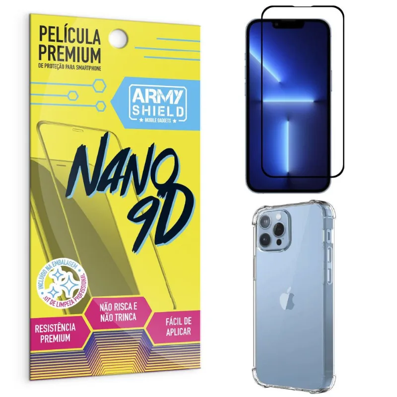 Kit iPhone 13 Pro Max 6.7 Película Premium Nano 9D + Capa Anti Impacto - Armyshield