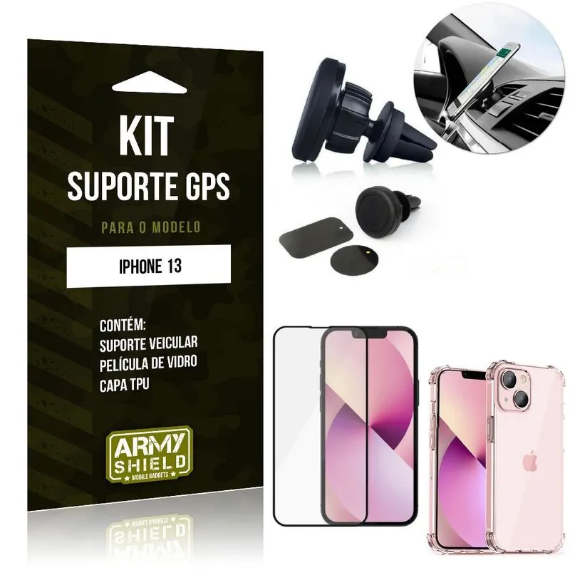 Kit iPhone 13 Mini 5.4 Suporte Veicular Magnético + Capa Anti Impacto + Película Vidro 3D - Armyshield