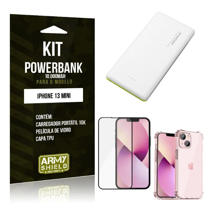 Kit iPhone 13 Mini 5.4 Carregador Portátil 10K + Capa Anti Impacto + Película Vidro 3D -Armyshield