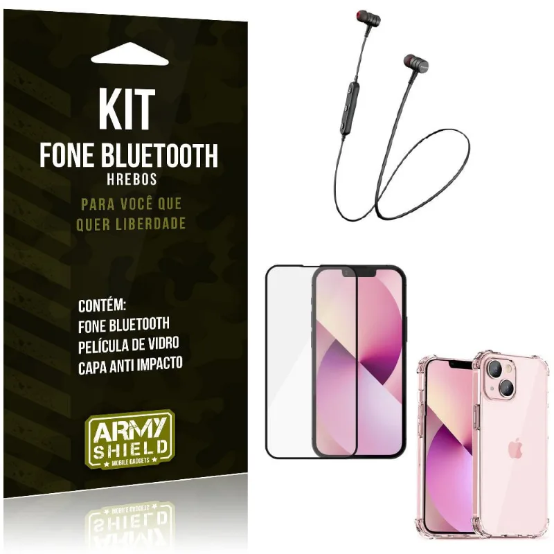 Kit iPhone 13 Mini 5.4 Fone Bluetooth HS-615 + Capa Anti Impacto + Película Vidro 3D - Armyshield