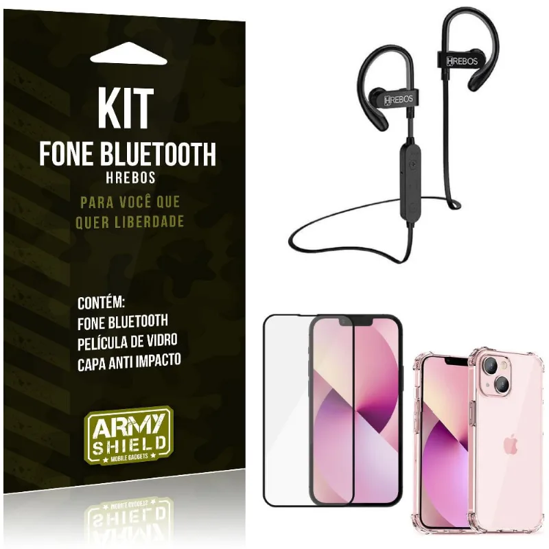 Kit iPhone 13 Mini 5.4 Fone Bluetooth HS188 + Película 3D + Capa Anti Impacto - Armyshield