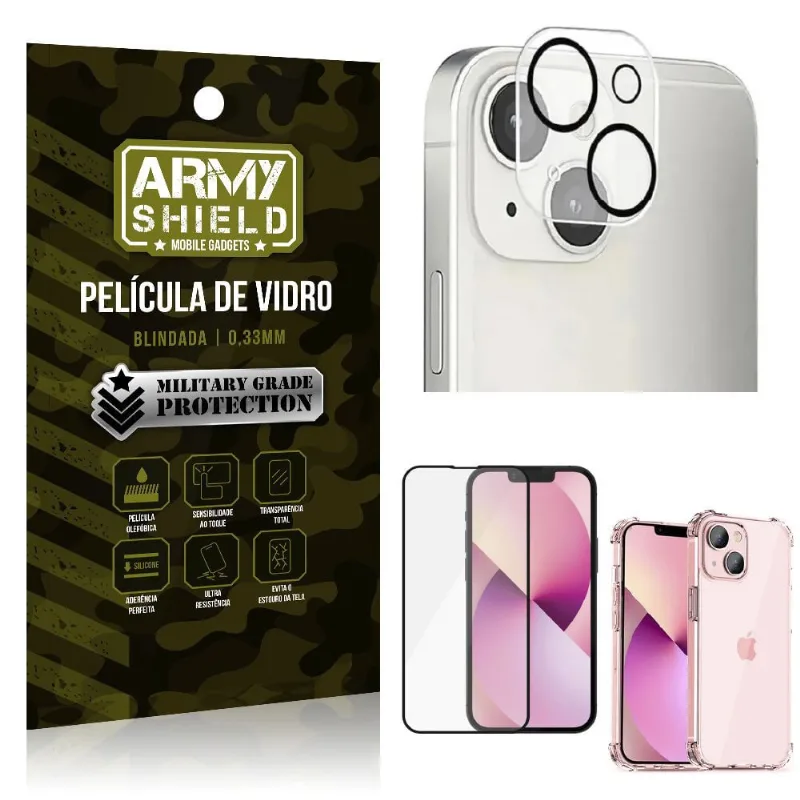 Kit iPhone 13 Mini 5.4 Película de Câmera + Película 3D + Capa Anti Impacto - Armyshield