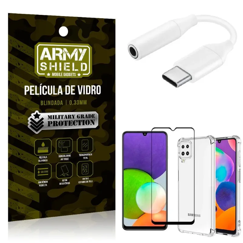 Adaptador Fone Tipo C para P2 Samsung A22 5G + Capinha + Película 3D - Armyshield