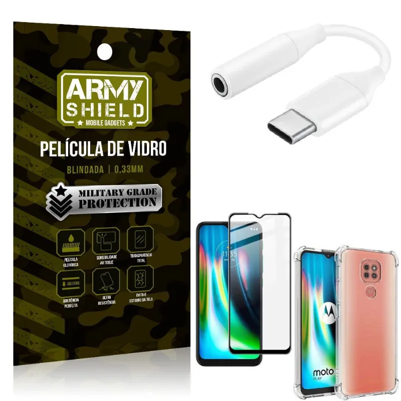 Adaptador Fone Tipo C para P2 Moto G9 Play + Capinha + Película 3D - Armyshield
