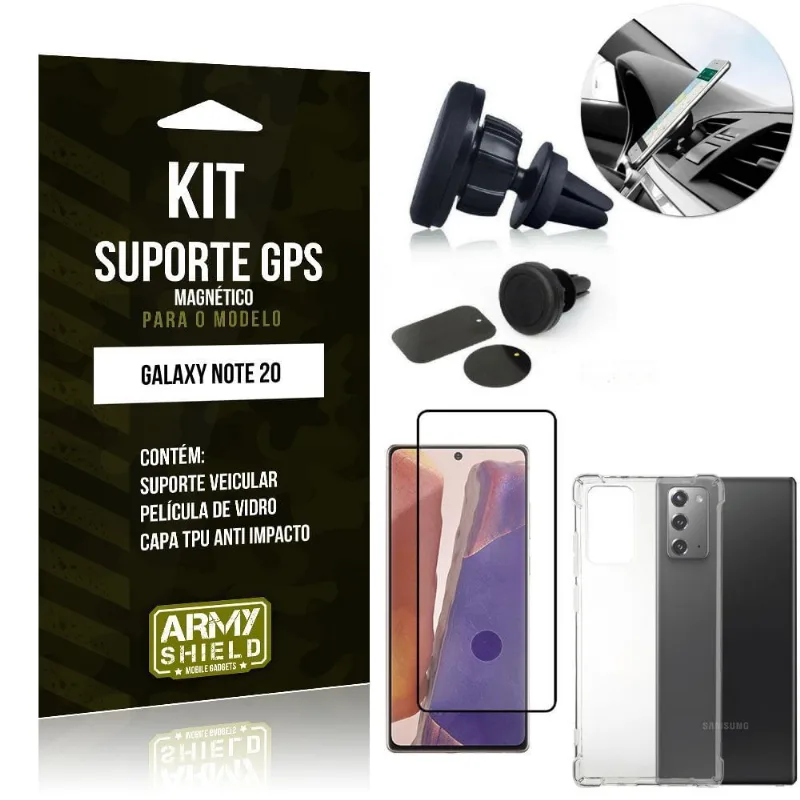 Kit Suporte Veicular Magnético Galaxy Note 20 + Capa Anti Impacto + Película Vidro 3D - Armyshield