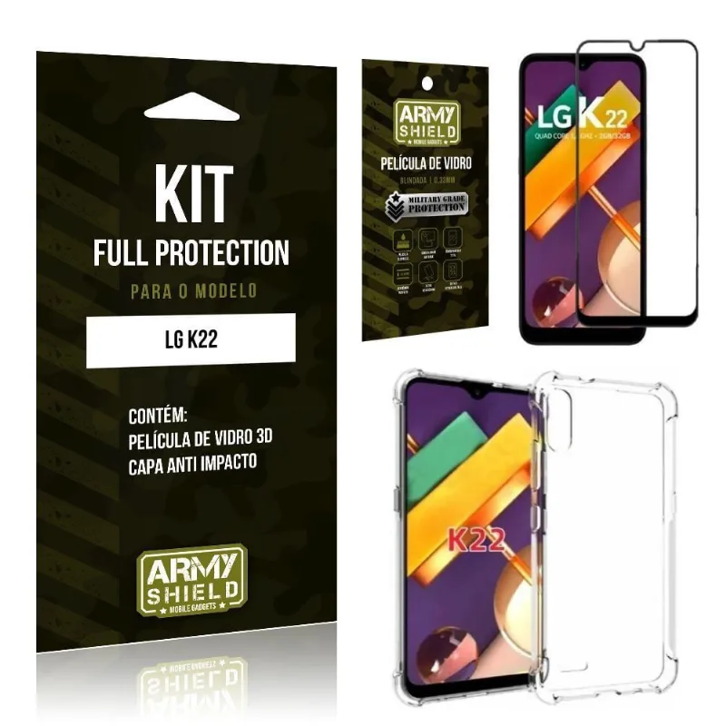 Kit Full Protection LG K22 Película de Vidro 3D + Capa Anti Impacto - Armyshield