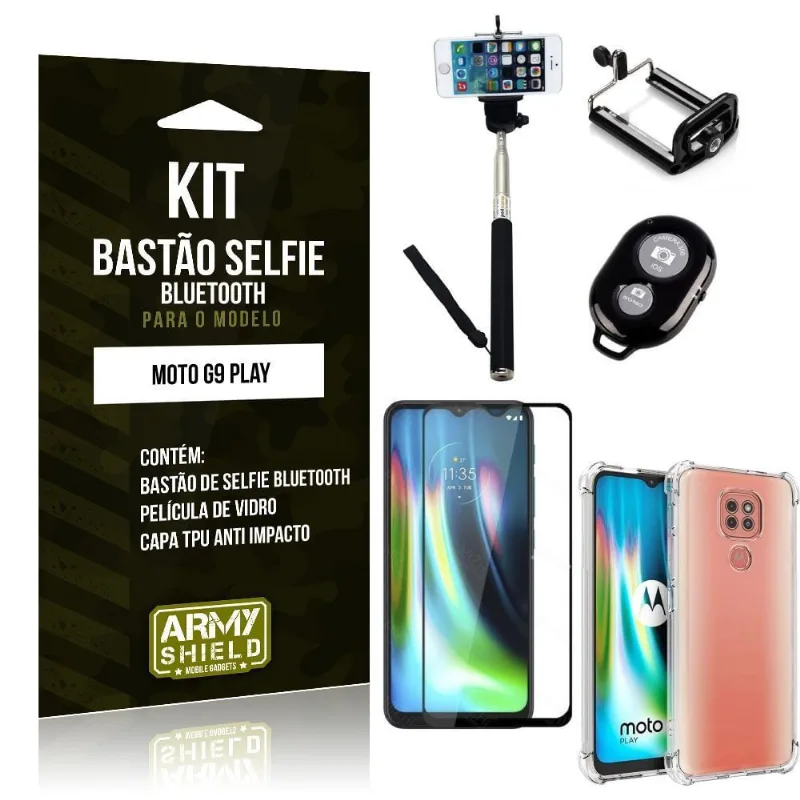 Kit Bastão de Selfie Bluetooth Moto G9 Play + Capinha Anti Impacto + Película Vidro 3D - Armyshield