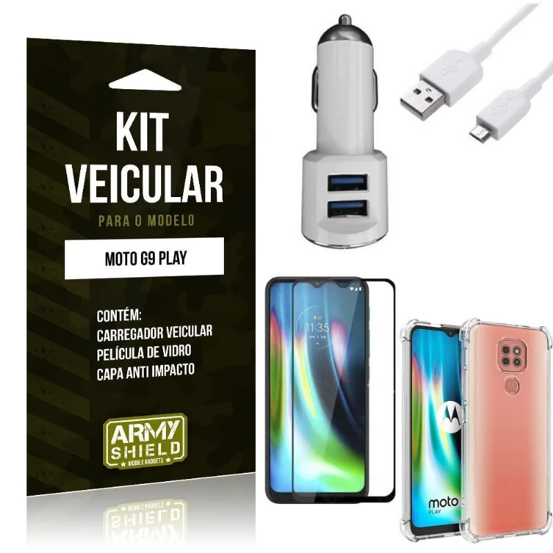 Kit Carregador Veicular Tipo C Moto G9 Play + Capa Anti Impacto + Película Vidro 3D - Armyshield