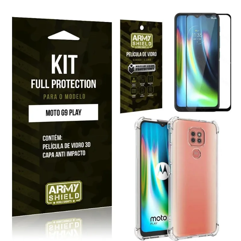 Kit Full Protection Moto G9 Play Película de Vidro 3D + Capa Anti Impacto - Armyshield