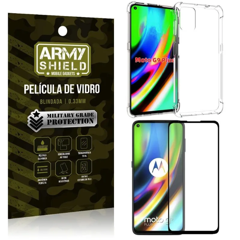 Kit Anti Impacto Moto G9 Plus Capinha Anti Impacto + Película de Vidro 3D - Armyshield