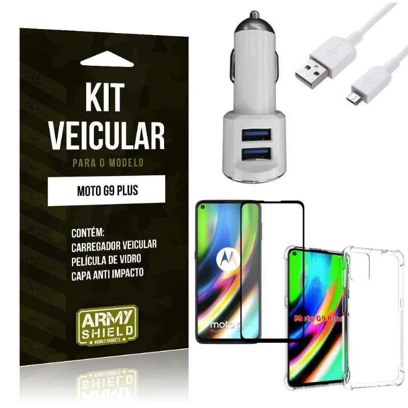 Kit Carregador Veicular Tipo C Moto G9 Plus + Capa Anti Impacto + Película Vidro 3D - Armyshield