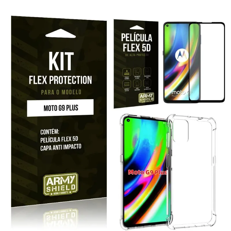 Kit Flex Protection Moto G9 Plus Capa Anti Impacto + Película Flex 5D - Armyshield