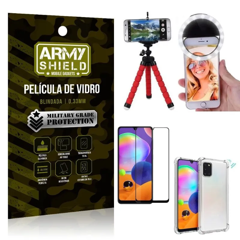 Kit Mini Tripé + Selfie Ring Light Galaxy A31 + Capa Anti Impacto + Película Vidro 3D