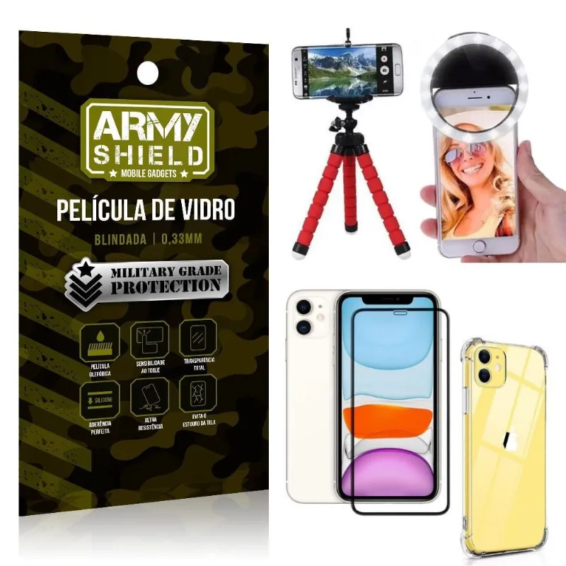 Kit Mini Tripé + Selfie Ring Light iPhone 11 6.1 + Capa Anti Impacto + Película Vidro 3D