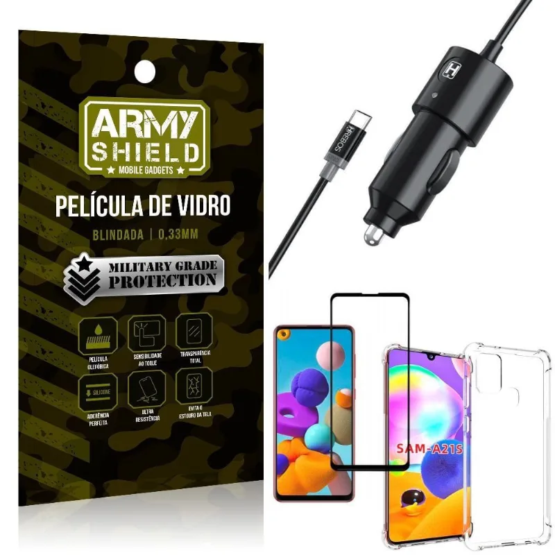 Carregador Veicular Turbo 4.0 Tipo C Galaxy A21s + Capa Anti Impacto + Película Vidro 3D