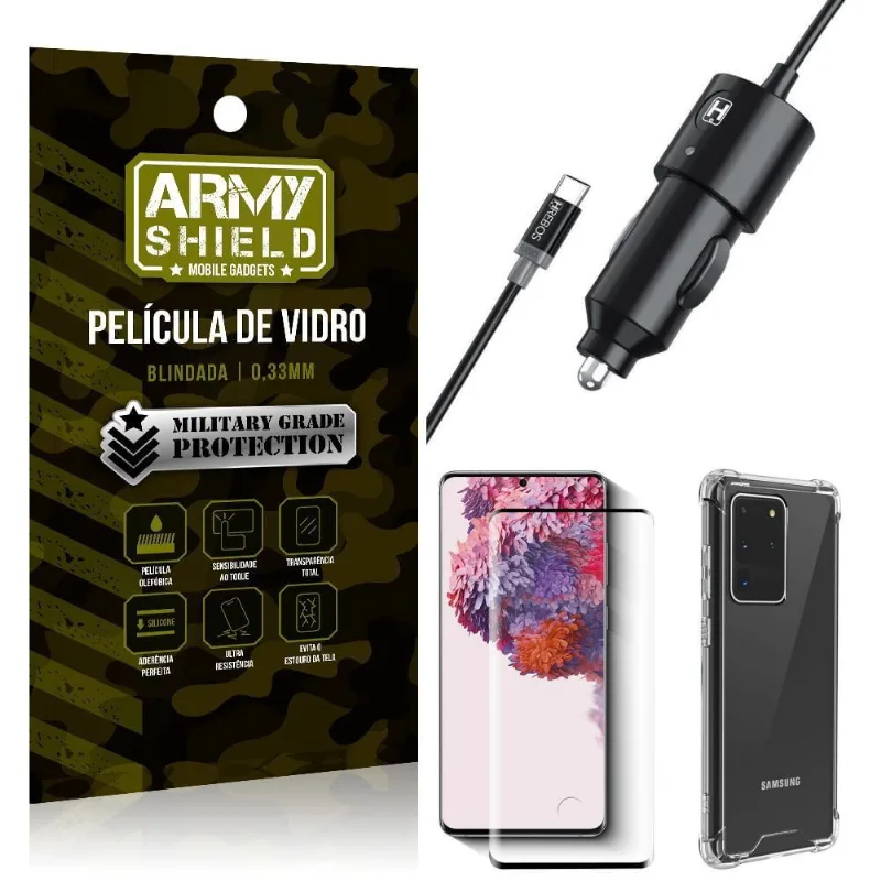 Carregador Veicular Turbo 4.0 Tipo C Galaxy S20 Ultra + Capa Anti Impacto + Película Vidro 3D