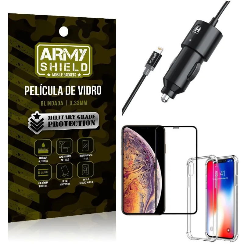 Carregador Veicular Turbo 4.0 Lightning iPhone xs Max 6.5 + Capa Anti Impacto + Película 3D