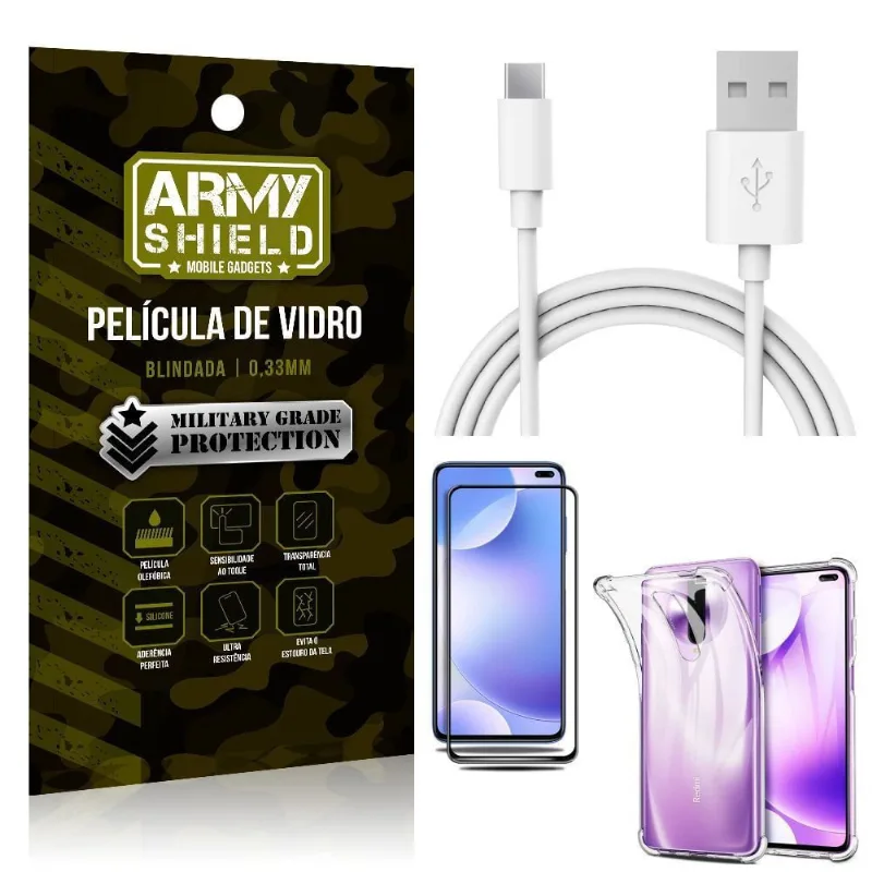 Kit Cabo Usb 2m Tipo C Redmi K30 + Capa Anti Impacto + Película Vidro 3D - Arymshield