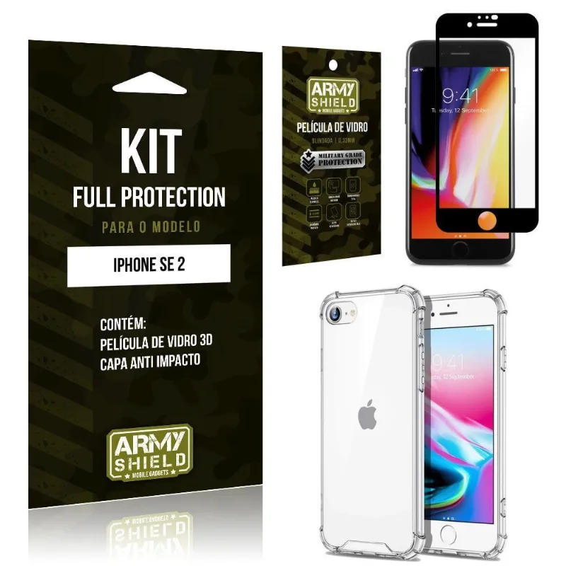 Kit Full Protection iPhone se 2020 Película de Vidro 3D + Capa Anti Impacto - Armyshield