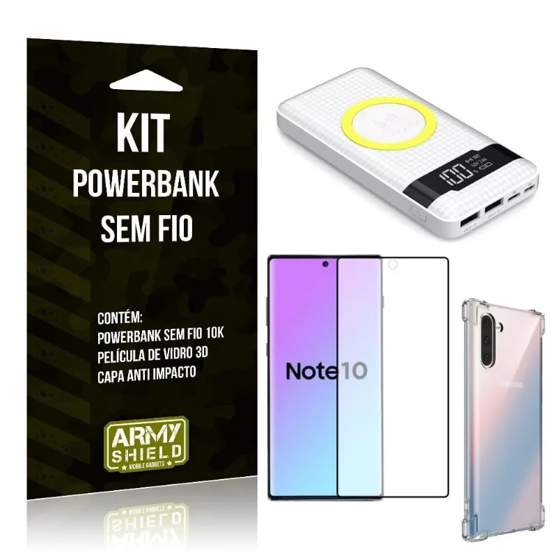 Kit Powerbank Sem Fio 10.000mAh Galaxy Note 10 + Capa Anti Impacto + Película Vidro 3D - Armyshield
