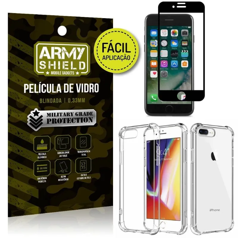 Kit Película 3D Fácil Aplicação Apple iPhone 7 Plus Película 3D + Capa Anti Impacto - Armyshield