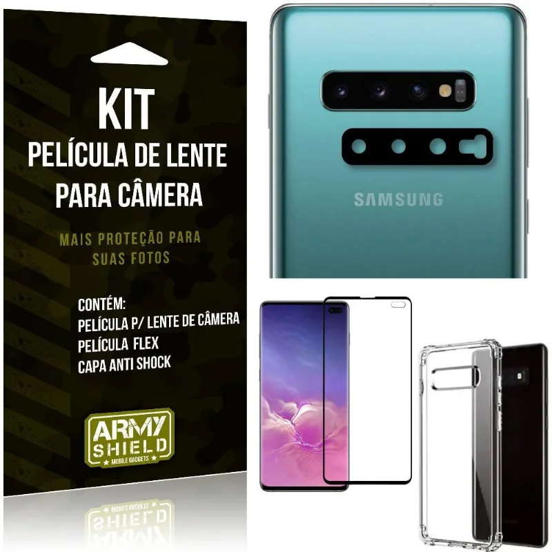 Kit Película de Lente Galaxy S10 Plus + Capa Anti Shock + Película Flex - Armyshield