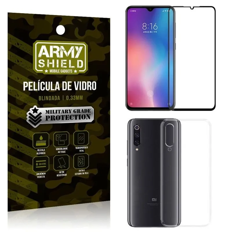 Kit Película de Vidro 3D Xiaomi Mi 9 SE Película de Vidro 3D + Capa Silicone - Armyshield