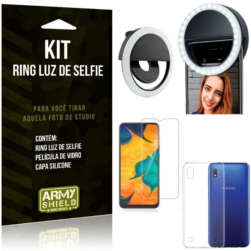 Ring Luz de Selfie Samsung Galaxy A10 Flash Ring + Capa Silicone + Película Vidro - Armyshield