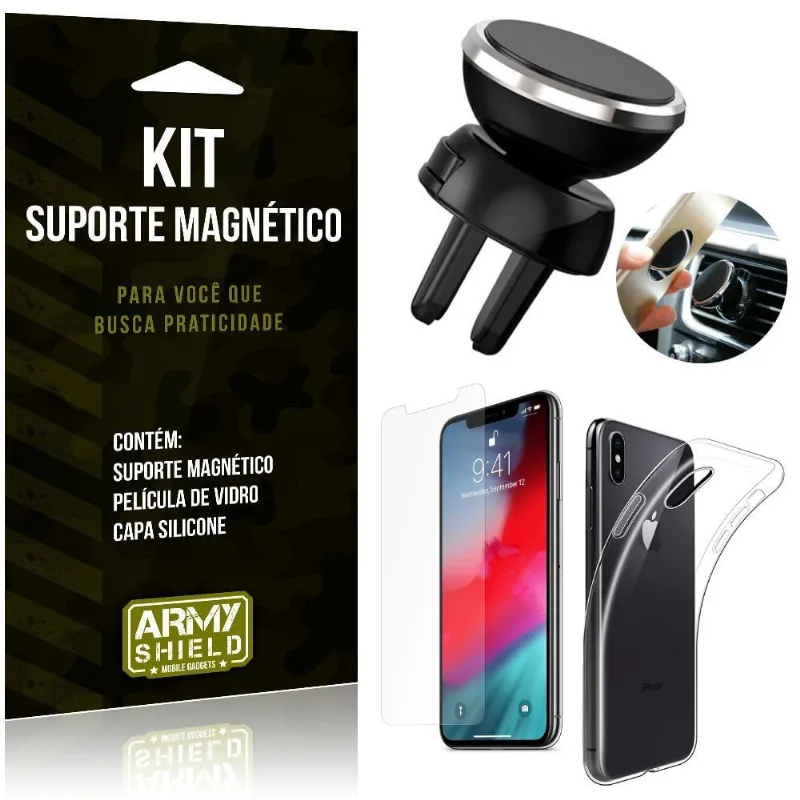 Suporte Magnético Apple iPhone xr 6.1 Suporte + Capa Silicone + Película Vidro - Armyshield