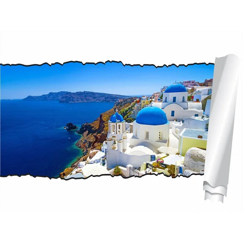 Adesivo 3D Buraco na Parede Santorini Grécia Turismo Decor