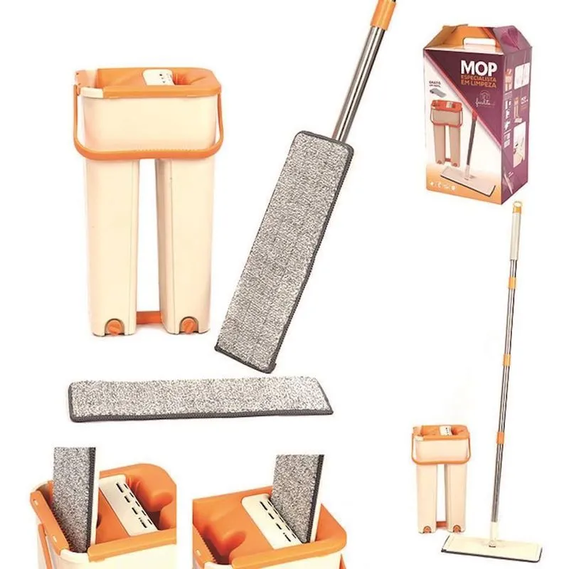 Rodo Flat Mop E Balde Lava E Seca Profissional Com 2 Refil