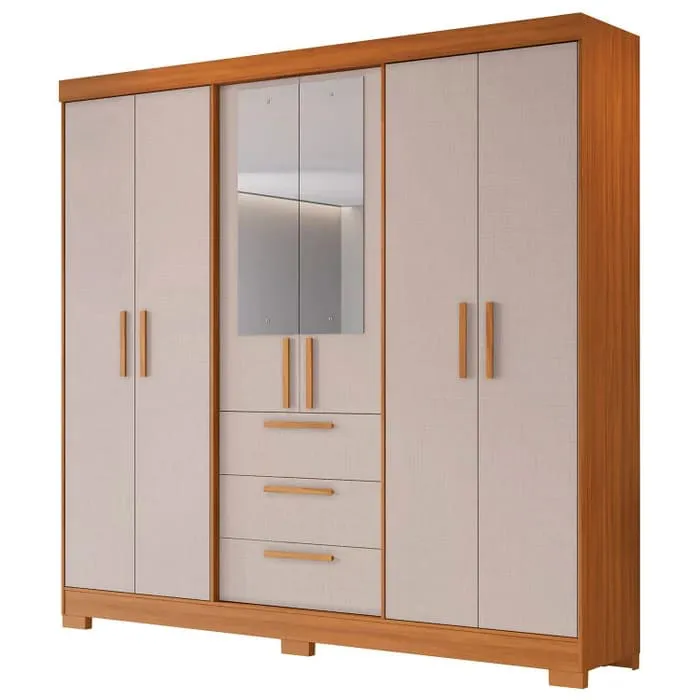 Guarda Roupa Casal NT 6030 com Espelho 6 Portas e 3 Gavetas com Pés Notável Freijó Trend/Off White