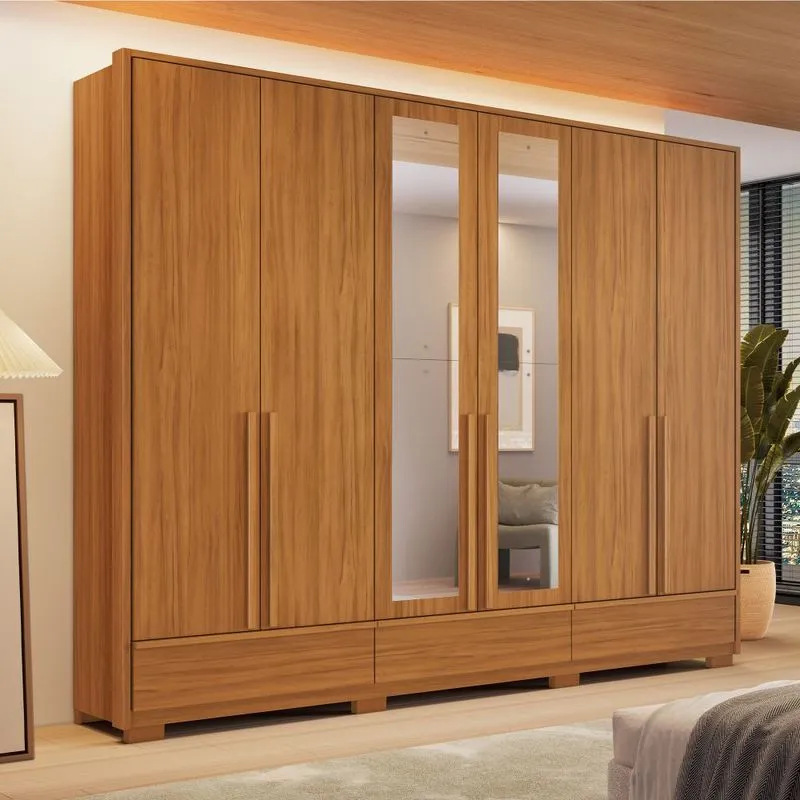 Guarda Roupa Casal com Espelho 6 Portas 3 Gavetas e Pés Em MDF NT6035E Notável Móveis