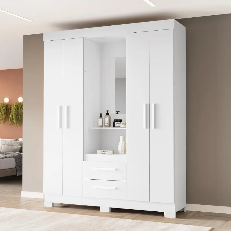 Guarda Roupa Solteiro e Closet Capelinha 4 Portas de Bater MDF-MDP com Espelho Branco-rosa Notável