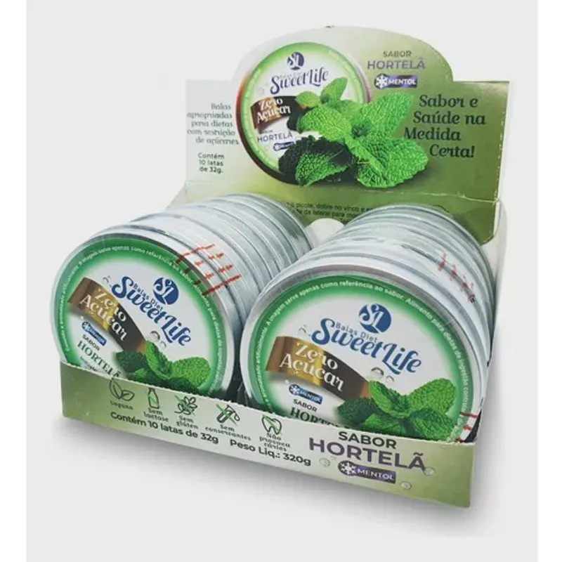 Display 10 latas Bala Diet Sem Açucar Hortelã Vegan