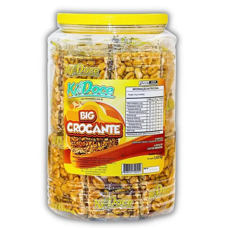 Pé de moleque big crocante doce de amendoim kidoce pote 20 un. 1,020KG