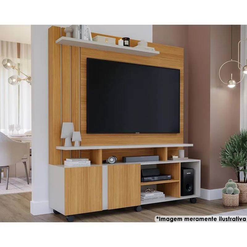 Home p/ TV até 55 Pol Valência c/ 2 Portas e Rodízios 160x182cm Nature/Off White - Permóbili